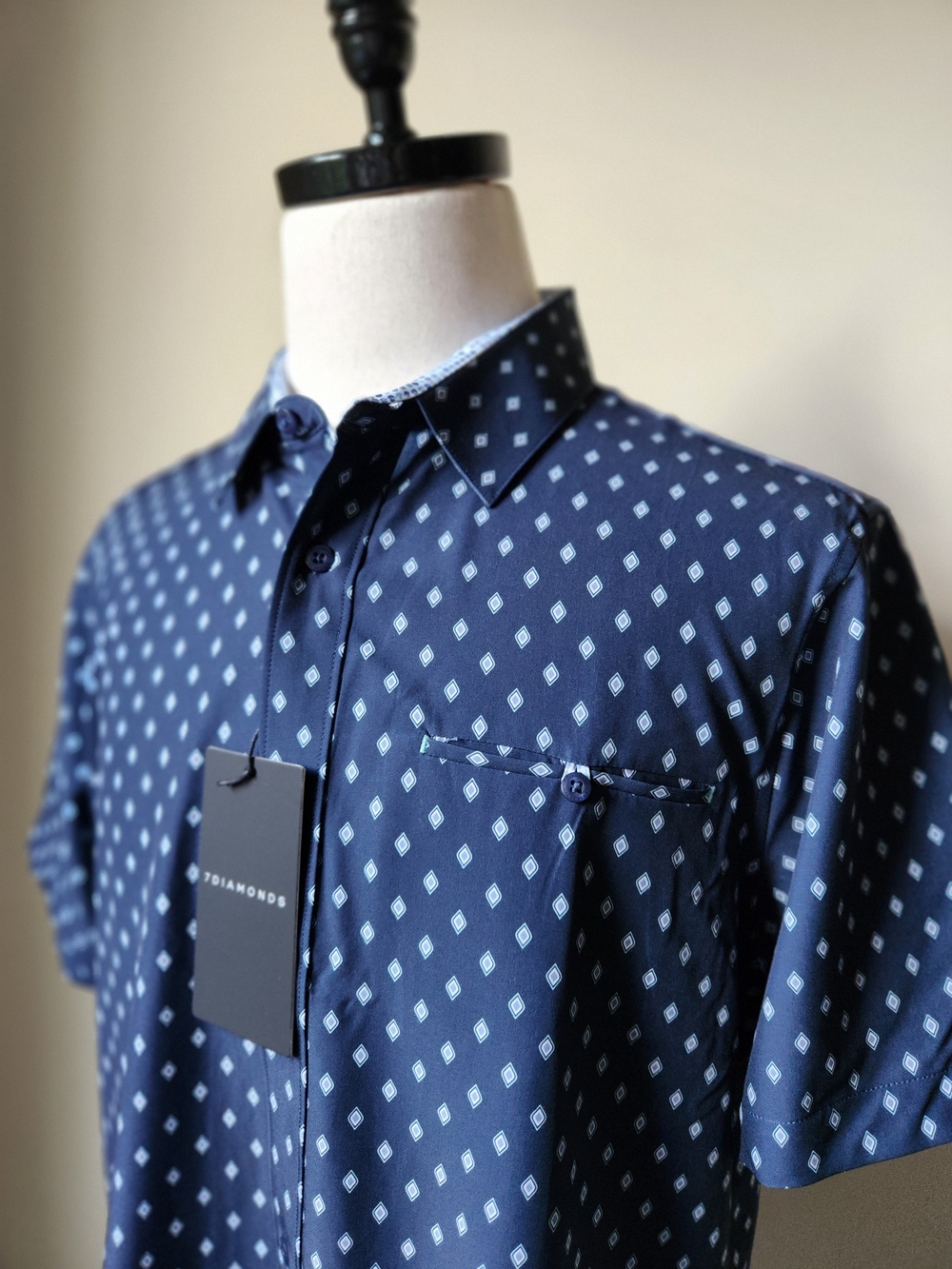 7 Diamonds Mens Puente Navy Blue Geometric Stretch Performance Shirt XL NWT